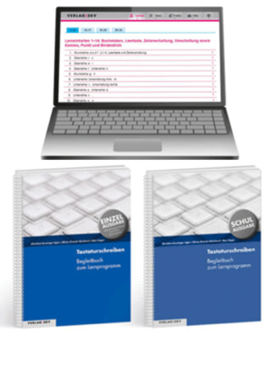 Abbildung des Online-Lernprograms "Tastaturschreiben" und der Begleitbücher